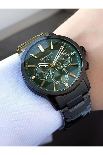 Ferrucci Function Men's Wrist Watch – Green Chronograph Dial, Calendar, Black Metal Band