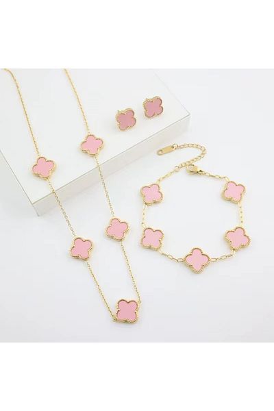ANGELSS JEWELLERY Clover Model Pink Necklace Bracelet Earring Set Van Cleeff (Pink Clover Necklace Bracelet Earring