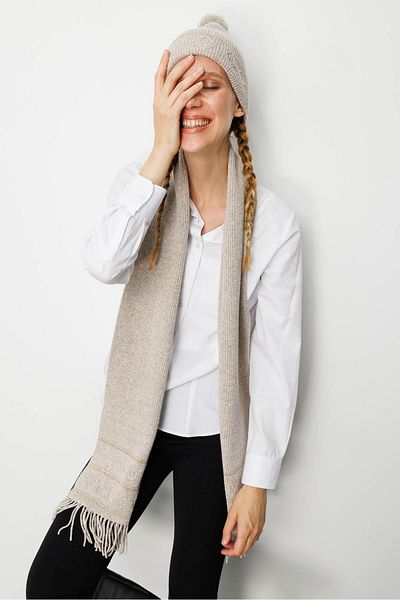 Desen Triko Women's Glitter Jacquard Tasseled Wool Kaşkol V.Beige