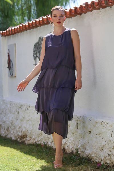 Chiccy Italian Purple Pool Collar Sleeveless Lined Layered Casual Silk Woven Dress 125 55
