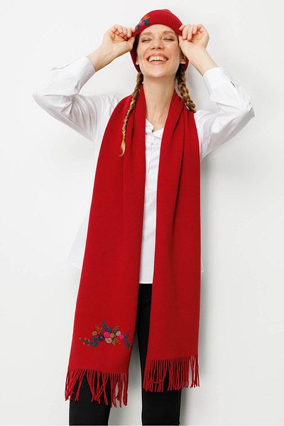 Desen Triko Women's Single Side Rococo Embroidery Embroidered Wool Kaşkol Dark Red