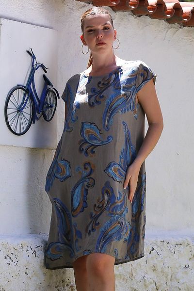 Chiccy Ιταλικό βιζόν γιακά με χαμηλό μανίκι με μοτίβο σάλι με κρυφή τσέπη casual λινό υφαντό φόρεμα 100 65
