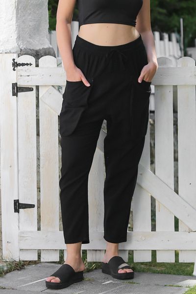 Chiccy Organic Cotton Black Cargo Pocket Elastic and Tie Waist Baggy Casual Woven Trousers 100 65