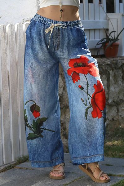 Chiccy Pantaloni țesuți cu picioare largi, cu talie elastică și legată, cu imprimeu digital, albastru Jean italian 105 65
