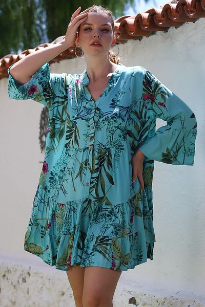 Chiccy Turquoise Judge Collar Flounced Sleeve Button Skirt Ruffled Allover Printed Casual Woven Dress 90 64