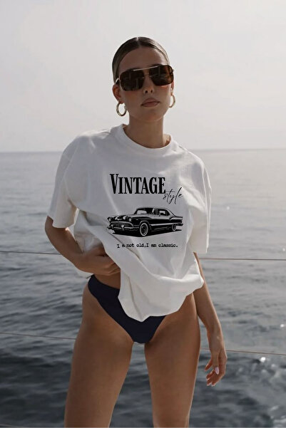 LAYORA Women's 100% Cotton Vintage Car Printed Oversize T-Shirt