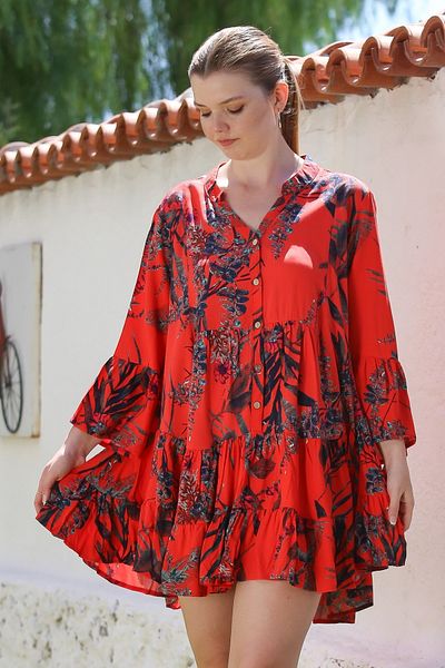 Chiccy Pomegranate Judge Collar Flounced Sleeve Buttoned Skirt Ruffled Allover Printed Casual Woven Dress 90 64