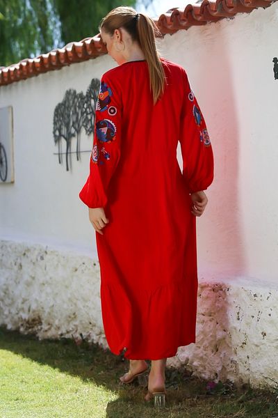 Chiccy Red Halter Neck Balloon Sleeve Embroidered Casual Woven Dress 130 56