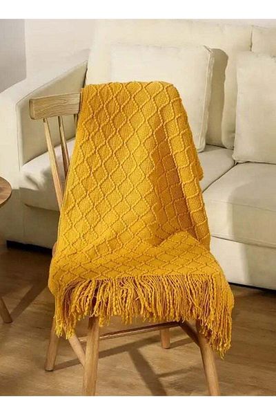 fun zone Knitted Decorative Throw Blanket with Fringe Geometric Bed Gold Yellow Throws Breathable Decorative