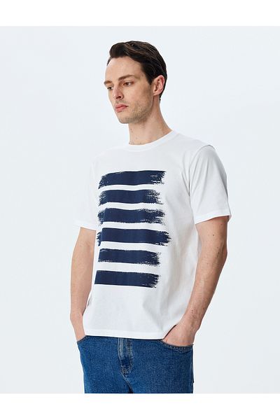 Koton Crew Neck Stripe Printed Cotton Short Sleeve Slim Fit T-Shirt