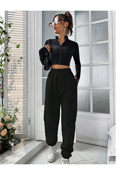 yx yustex sport Γυναικείο Μαύρο Παντελόνι JOGGER Μεγάλου Μεγέθους Χαλαρής Εφα...