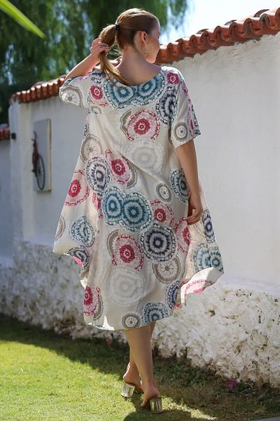 Chiccy Ιταλικό μπεζ κοντομάνικο Allover εμπριμέ casual oversize υφαντό φόρεμα 120 60