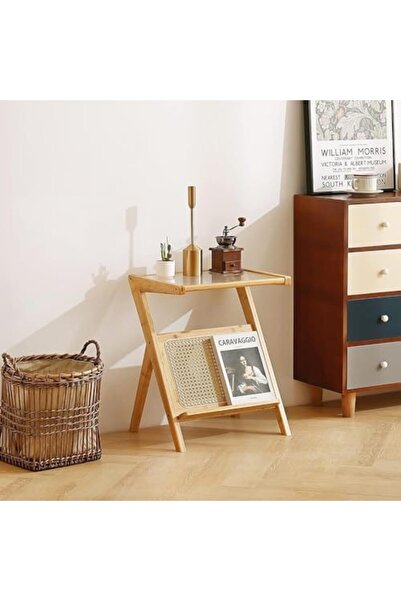 genric FFD Mid-Century Rattan Side Table with Glass Top & Bamboo Accents