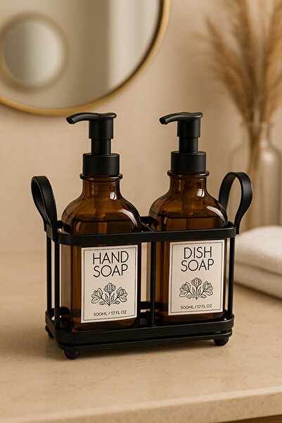 NERİVA HOME Neriva Home 2’li Metal Standlı Cam Sıvı Sabunluk Deterjanlık Seti