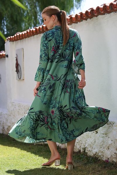 Chiccy Green Judge Collar Ruffle Sleeve Floral Button Skirt Ruffle Allover Printed Woven Dress 130 58