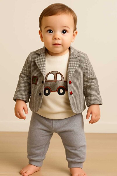 BabyBlue Erkek Bebek Arabalı Penye 3 Lü Takım Body Ceket Pantolon %100 Pamuklu