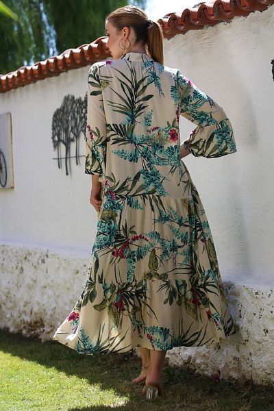 Chiccy Μπεζ γιακάς δικαστή με βολάν μανίκι Floral φούστα με κουμπιά βολάν Allover εμπριμέ υφαντό φόρεμα 130 58