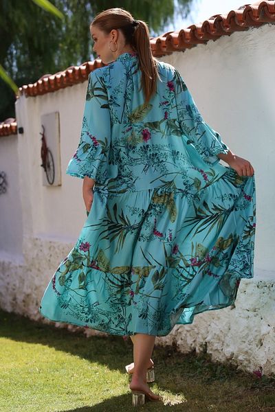 Chiccy Light Turquoise Judge Collar Ruffle Sleeve Button Skirt Ruffle Allover Printed Woven Dress 130 58