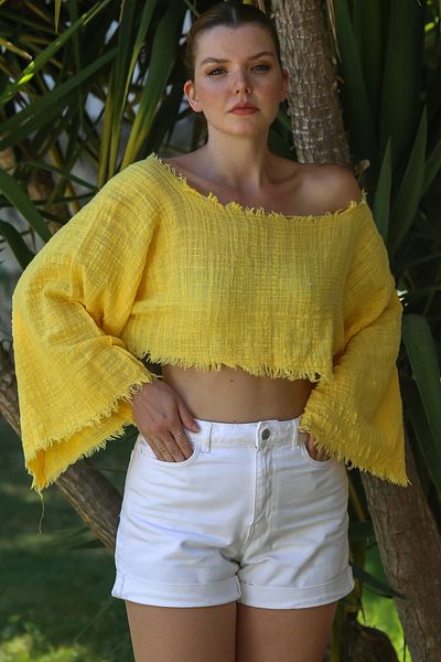 Chiccy Organic Cotton Yellow Boat Neck Flounced Sleeve Washed Dirty Stitched Casual Muslin Crop Woven Blouse 38 80