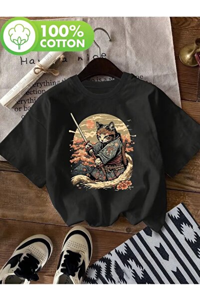 vikitekno Дамска тениска с голям принт на самурайска котка