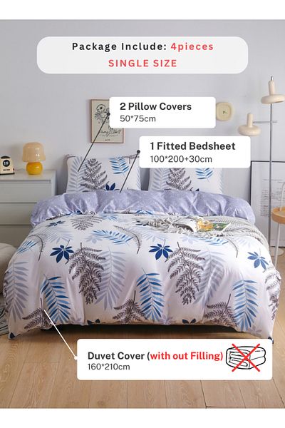 LUNA HOME Single Set of 4 Pieces, Reversible Duvet Cover Set, with a Lovely Leaf Design.