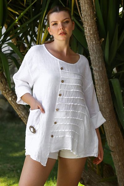 Chiccy Italian White Pool Collar 3/4 Sleeve Button Pocket Casual Linen Asymmetric Woven Blouse 75 66
