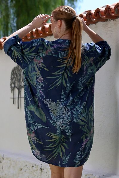 Chiccy Italian Navy Blue Judge Collar Buttoned 3/4 Sleeve Allover Printed Linen Look Woven Dress 97 75
