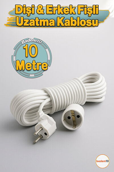 Badem10 Seyyar Uzatma Kablosu 10 Metre Dişi-Erkek Fişli F19C Kalın Priz Prizl...