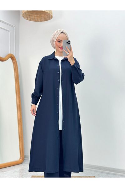 ButikKardelen Camelya Sandy Crepe Fabric Tunic Long Buttoned Triple Suit