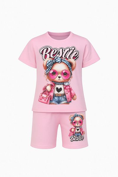 Lolliboomkids Bestie Black and Pink Color Girl's Set - Teddy Bear Printed T-Shirt & Shorts Set of 2