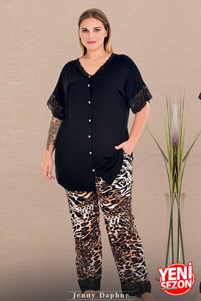 Jenny Daphne Lady Plus Size Leopard Print Sleepwear Button Top Sleeves and Legs Ruched Pajamas Set 11012