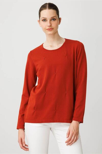 Desen Triko Women's O-Neck Front Pleated Beaded Ligral Blouse K.Kiremit