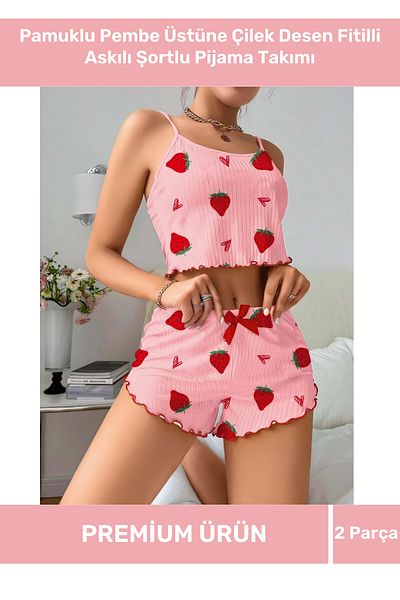 VARESSA Special Design Model 100% Cotton Comfortable and Light Fabric Patterned Ribbed Strap Shorts Pajama Set
