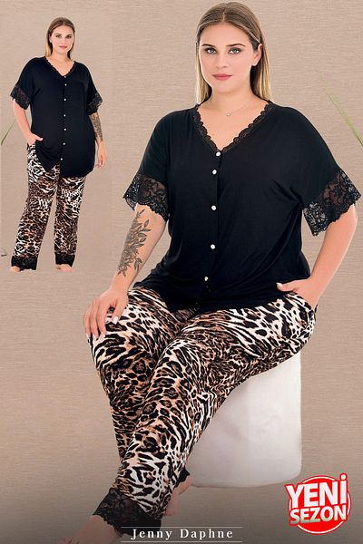 Jenny Daphne Lady Plus Size Leopard Print Sleepwear με κουμπιά μπλούζα και πόδια με δαντέλα Σετ πιτζάμες 11012