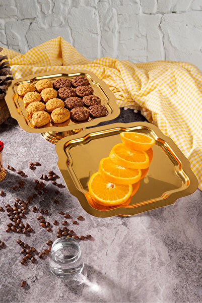 NEWTREND Züccaciye Luxury 2-Piece Daisy Gold Footed Cake, Cake, Cookie, Dessert, Treat, Dowry Presentation Serving Stand