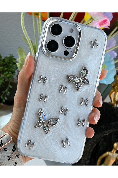 Go Aksesuar حافظة سيليكون بتصميم لعبة الفراشة المعدنية المتوافقة مع هاتف Iphone 16 Promax