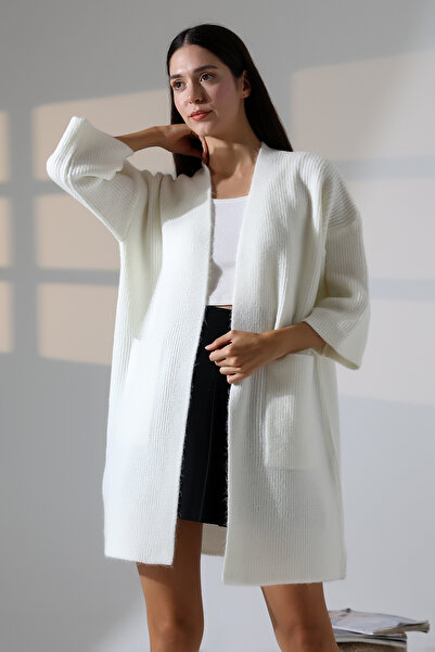 ALCHON Cardigan de iarnă din tricotat din trișă cu decolteu în V, cu buzunare duble, cu mâneci 3/4, lungime midi