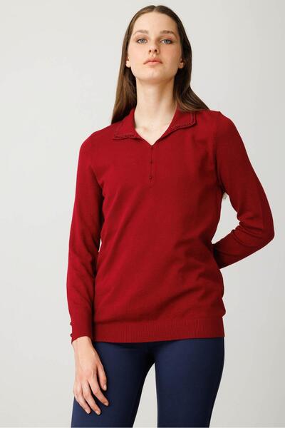 Desen Triko Women's Polo Neck Embroidered Ligral Blouse Cherry
