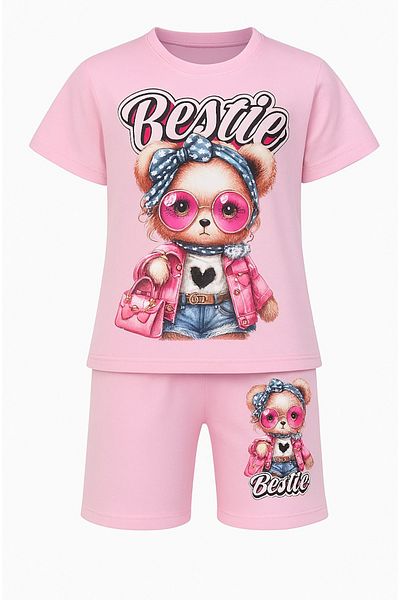 Lolliboomkids Bestie Black and Pink Color Girl's Set - Teddy Bear Printed T-Shirt & Shorts Set of 2