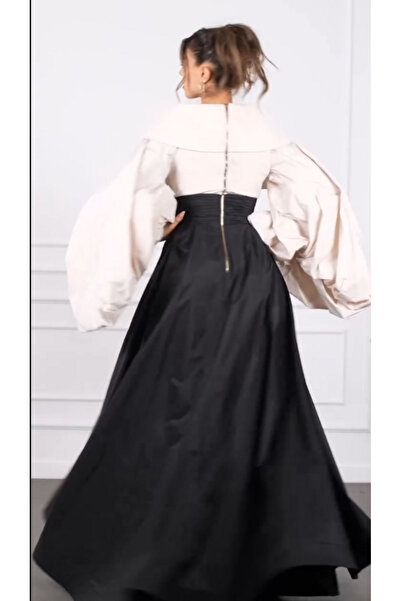 Helin V-Yaka Straplez Üst ve Yüksek Yırtmaçlı Siyah Etek Abiye Elbise