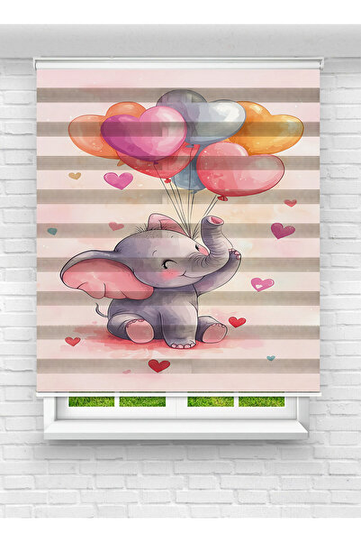 Ay Işığım Sevimli Fil ve Kalpli Balon Desenli Zebra Stor Perde - Bebek ve Çoc...