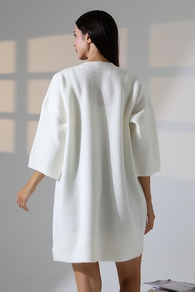 ALCHON V-Neck Ribbed Selanchik Knitted Double Pocket Half 3/4 Sleeve Midi Length Winter Knitwear Cardigan