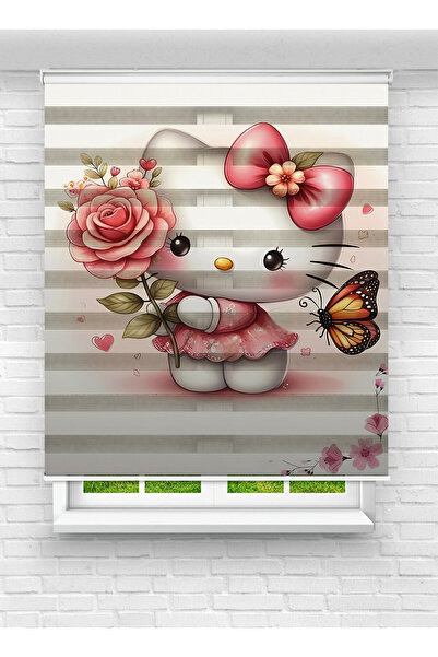 Ay Işığım Pembe Güllü Sevimli Kedi Desenli Zebra Stor Perde - Kız Çocuk Odası...