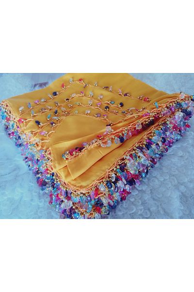 hoaryage Handmade Crystal Drop Stone Beaded Writing, Cheesecloth Yemeni, Scarf, 4 Edges Embroidered