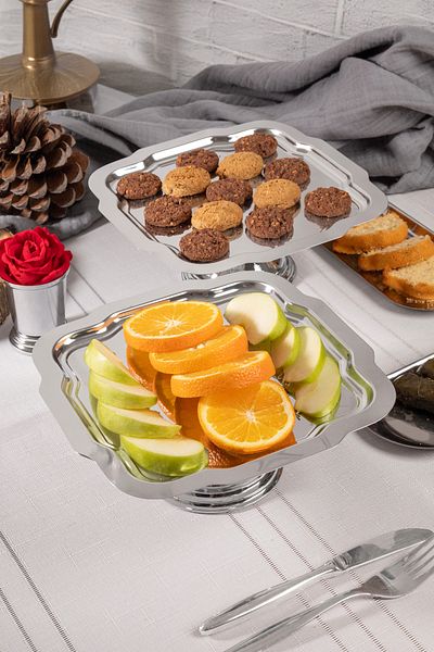 NEWTREND Züccaciye Luxury 2-Piece Daisy Silver Footed Cake, Cake, Cookies, Dessert, Treat, Dowry Presentation Service Stand