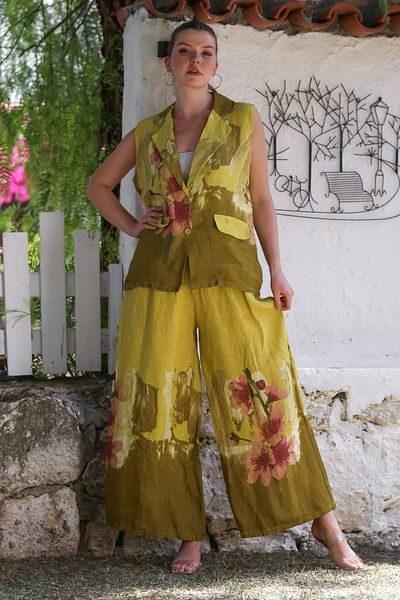 Chiccy Italian Mustard Jacket Collar Sleeveless Pattern Buttoned Pocket Linen Woven Bottom Top Suit 58-120 56-85