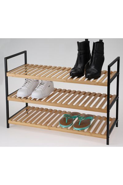 Koopman Shoe Rack with 3 Levels, Bamboo Shelves and Metal Frame, Black