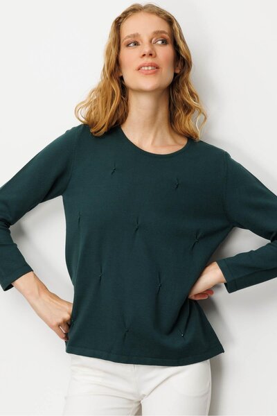 Desen Triko Women's O-Neck Front Pleated Beaded Ligral Blouse Green