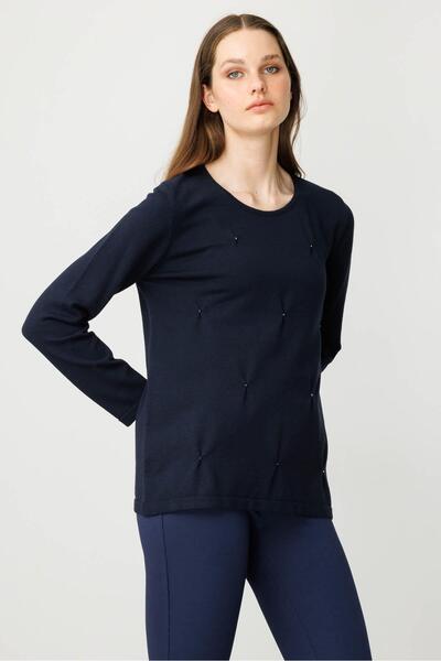 Desen Triko Women's O-Neck Front Pleated Beaded Ligral Blouse K.Navy Blue