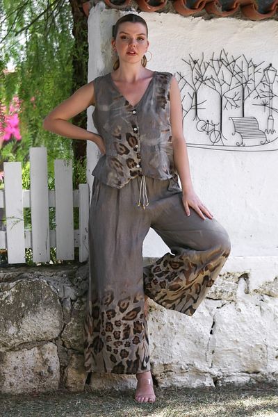 Chiccy Italian Mink V-Neck Sleeveless Patterned Buttoned Pocket Linen Woven Bottom Top Set 58-118 56-83